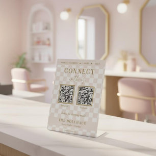 Signe De Table Code QR Élégant Rose à Damier pour Nous Contacter