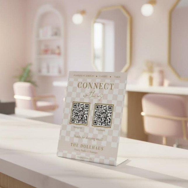 Signe De Table Code QR Élégant Rose à Damier pour Nous Contacter (Créateur téléchargé)