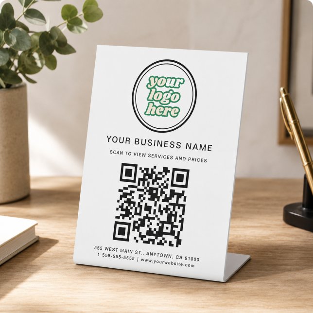 Signe De Table Code QR et logo d'entreprise (Google Reviews | Business Review Link QR Code Pedestal Sign)