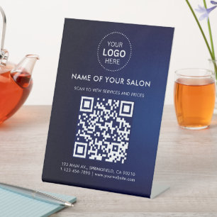 Signe De Table Code QR et logo d'entreprise de salon bleu moderne