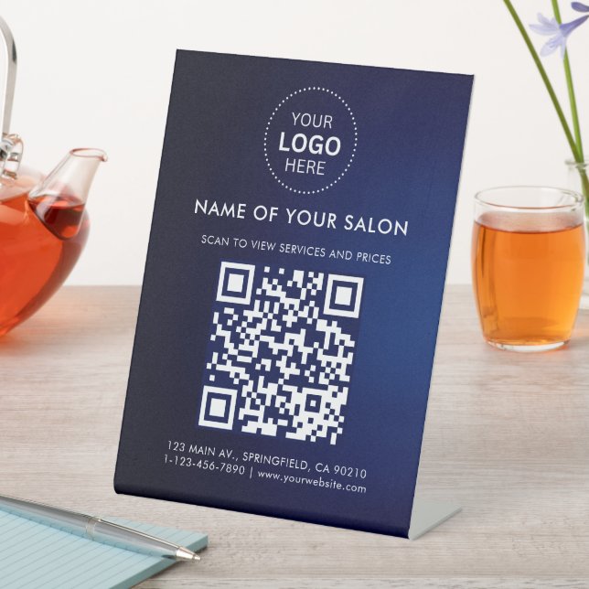 Signe De Table Code QR et logo d'entreprise de salon bleu moderne (In SItu)