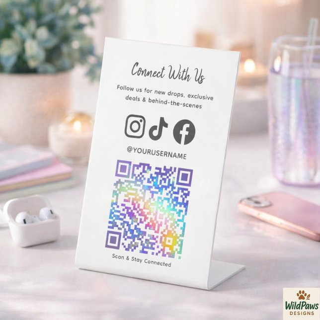 Signe De Table Code QR holographique tendance | Connectez-vous av (Trendy Holographic QR Code | Connect With Us Pedestal Sign
)