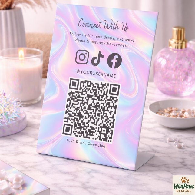 Signe De Table Code QR holographique tendance | Connectez-vous av (Trendy Holographic QR Code | Connect With Us Pedestal Sign
)