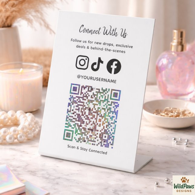 Signe De Table Code QR holographique tendance | Connectez-vous av (Trendy Holographic QR Code | Connect With Us Pedestal Sign
)