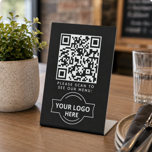 Signe De Table Code QR Logo de Menu Noir Café Moderne Sans Contac (QR Code Black Menu Logo Contactless Modern Cafe Pedestal Sign)