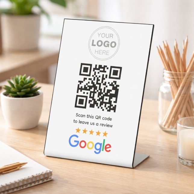 Signe De Table Code QR Logo de révision d'entreprise personnalisé (Google Reviews | Business Review Link QR Code Pedestal Sign)