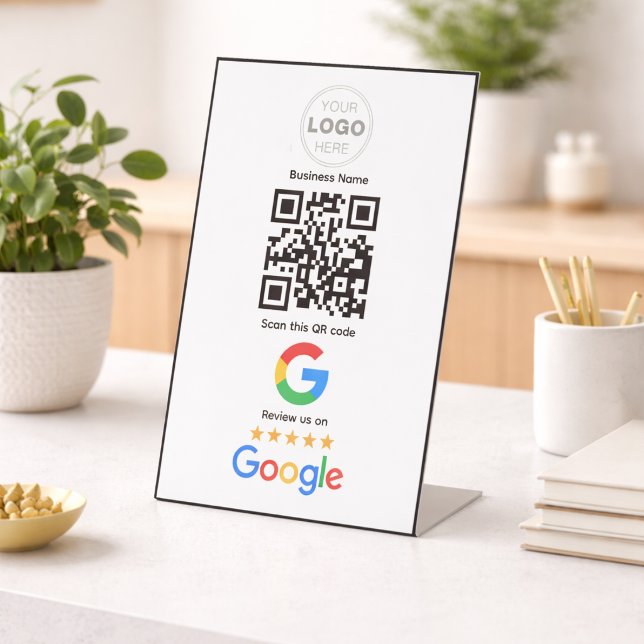 Signe De Table Code QR Logo de révision d'entreprise personnalisé (Minimalist QR Code Professional Design Pedestal Sign)