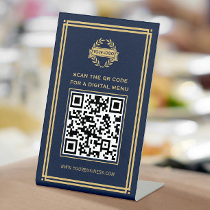 Signe De Table Code QR Logo du menu sans contact Classic Navy Gol