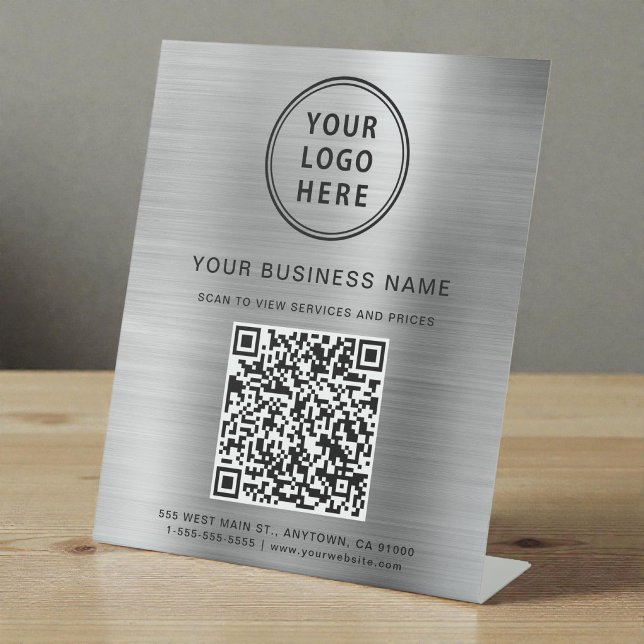 Signe De Table Code QR Logo Entreprise Moderne Argenté (Modern Business Logo QR Code Silver Pedestal Sign)