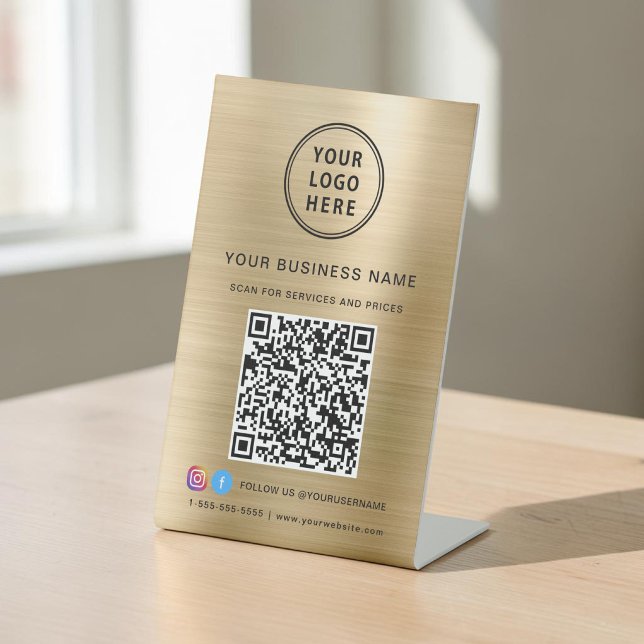 Signe De Table Code QR Logo Entreprise Réseaux Sociaux Or (QR Code Business Logo Social Media Gold Pedestal Sign)
