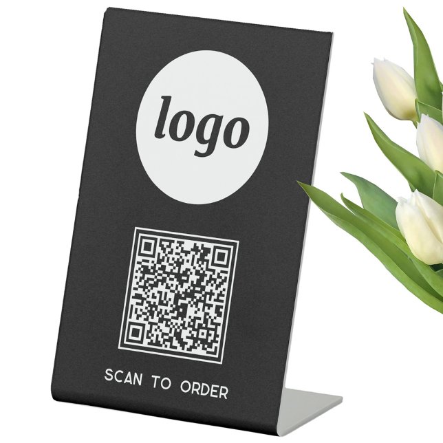 Signe De Table Code QR Logo Entreprise Scannez pour Commander Noi (Logo with QR code and custom text business promotional Scan to Order pedestal sign)