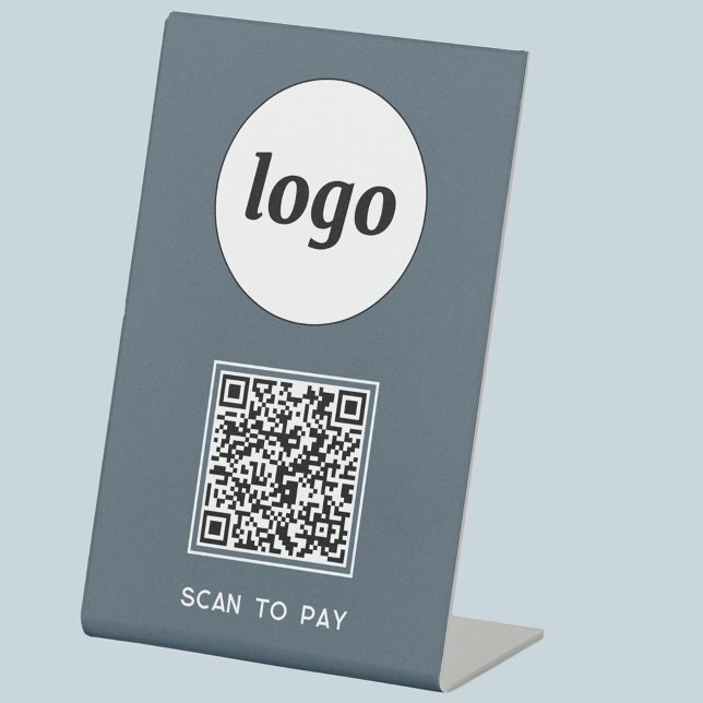 Signe De Table Code QR Logo Entreprise Scannez pour Payer Gris Ch (Simple logo QR code custom text business branding promotional scan to pay pedestal sign)