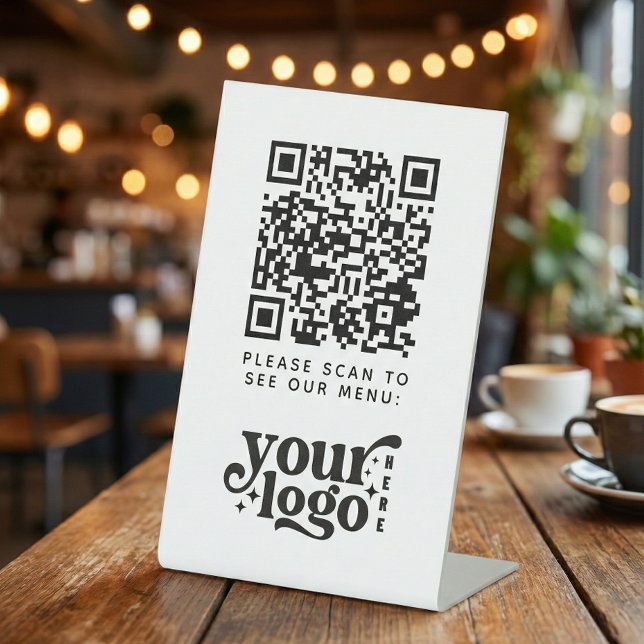 Signe De Table Code QR Logo Menu Blanc Café Moderne Sans Contact (QR Code White Menu Logo Contactless Modern Cafe Pedestal Sign)