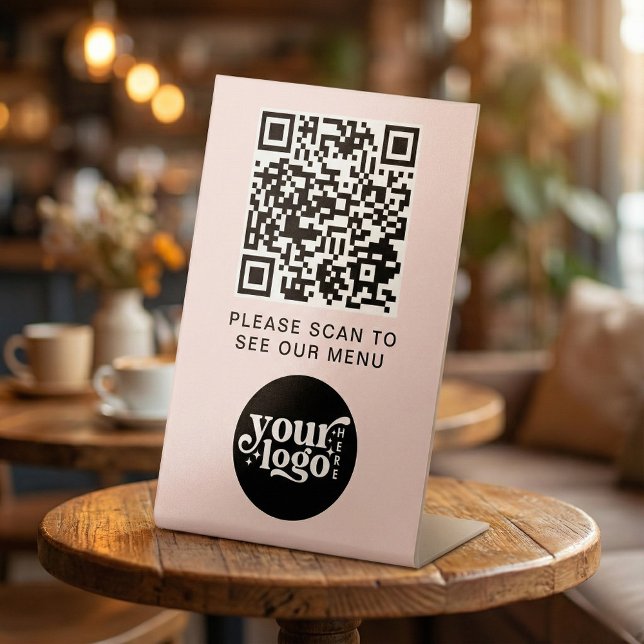 Signe De Table Code QR Logo Menu Rose Moderne Sans Contact Café (QR Code Pink Menu Logo Contactless Modern Cafe Pedestal Sign)