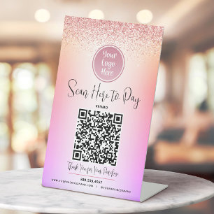 Signe De Table Code QR Logo Paillettes Roses Dégradé Violet Payez