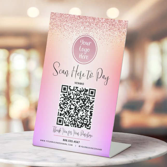Signe De Table Code QR Logo Paillettes Roses Dégradé Violet Payez (Créateur téléchargé)