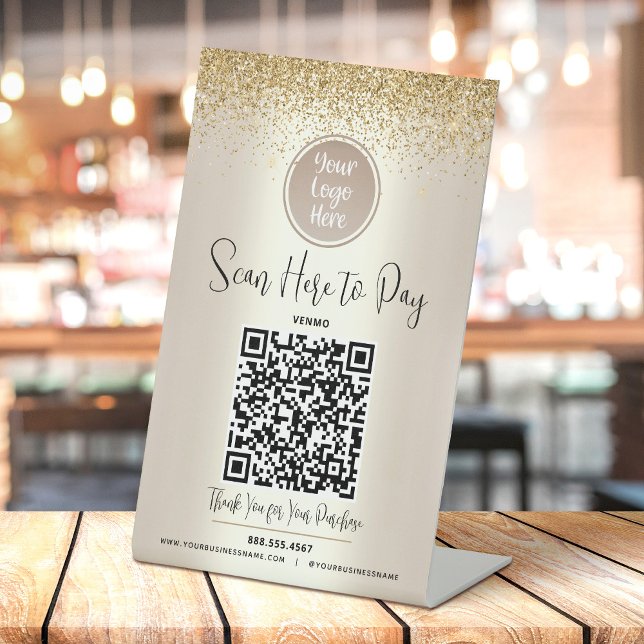 Signe De Table Code QR Logo personnalisé Paillettes dorées Scanne (Créateur téléchargé)