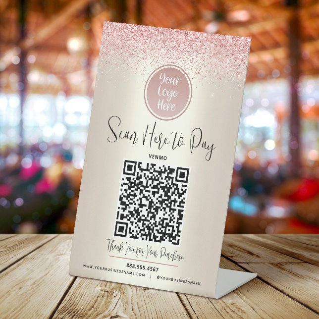 Signe De Table Code QR Logo personnalisé Paillettes roses Payer i (Créateur téléchargé)