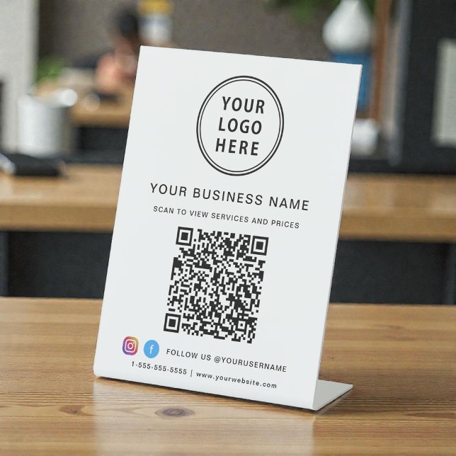 Signe De Table Code QR Logo Réseaux Sociaux Entreprise (Business QR Code Logo Social Media Pedestal Sign)