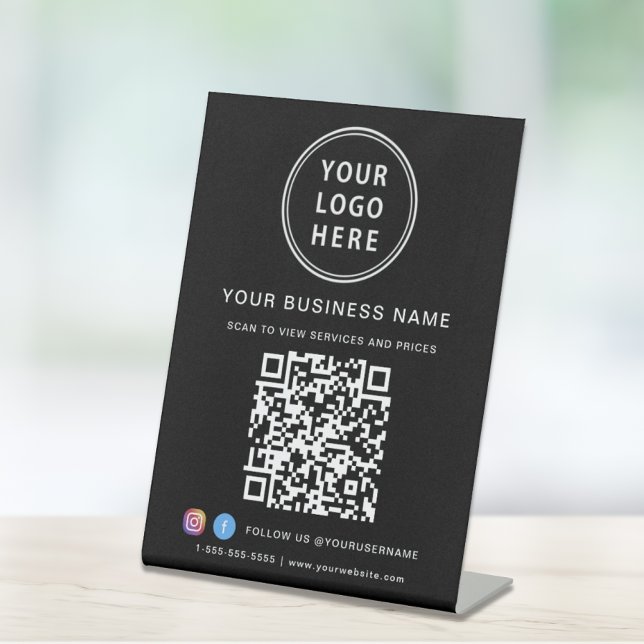 Signe De Table Code QR Logo Réseaux Sociaux Entreprise Noir (Connect customers and clients to your desired website destination with a single scan)