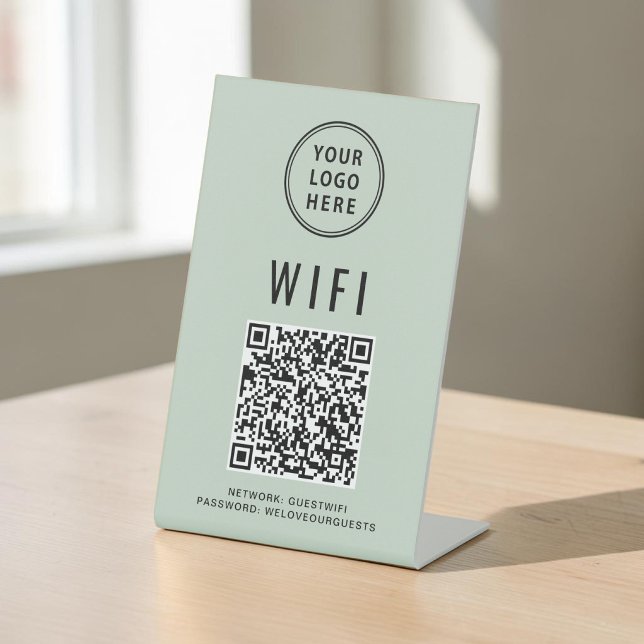 Signe De Table Code QR Logo Wifi Vert Sage (Wifi Logo Sage Green QR Code Pedestal Sign)
