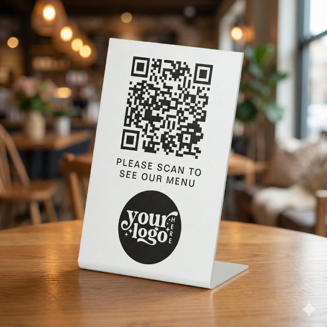 Signe De Table Code QR Menu Blanc Logo Sans Contact Café Moderne (QR Code White Menu Logo Contactless Modern Cafe Pedestal Sign)
