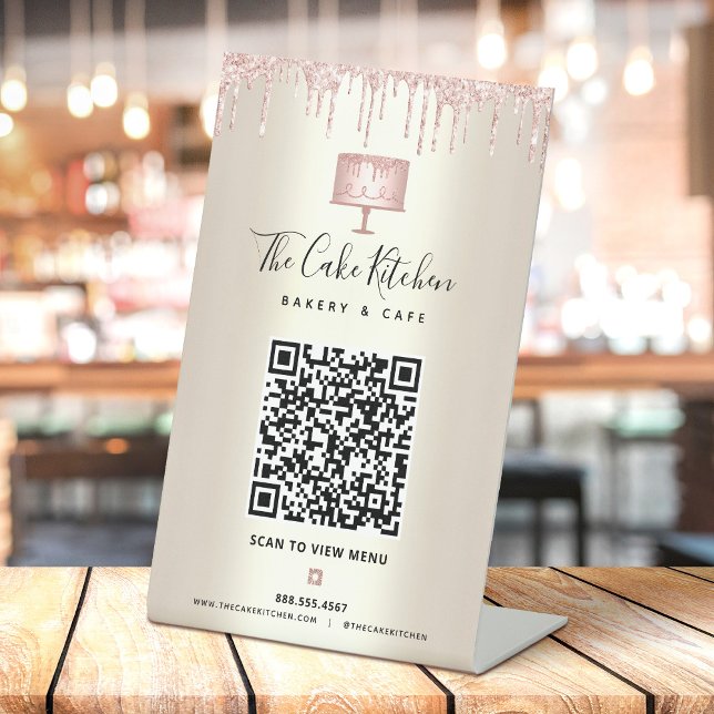 Signe De Table Code QR Menu Boulangerie Pâtisserie Rose Gâteau Pa (Créateur téléchargé)