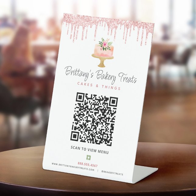 Signe De Table Code QR Menu Pâtisserie Rose Pâle Paillettes Gâtea (Créateur téléchargé)