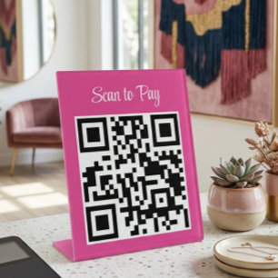 Signe De Table Code QR Minimaliste Rose pour Paiement en Entrepri