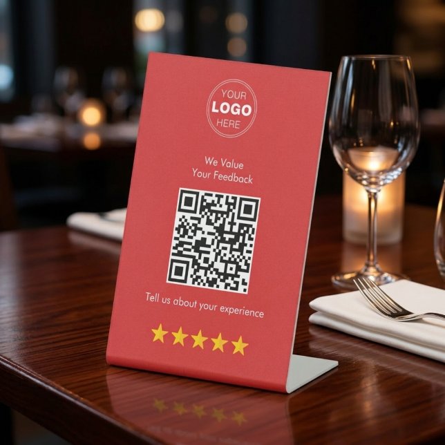 Signe De Table Code QR Moderne de Réaction et de Révision Rouge e (Boost Restaurant Reviews: Modern Red QR Code Pedestal Sign for Tabletop)