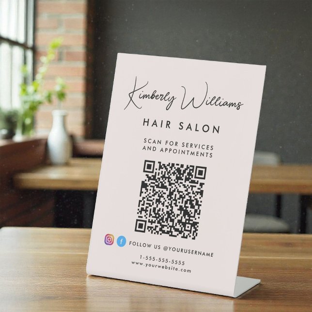 Signe De Table Code QR Monogramme de signature d'affaires Rose (Business Signature Script Monogram QR Code Pink Pedestal Sign)