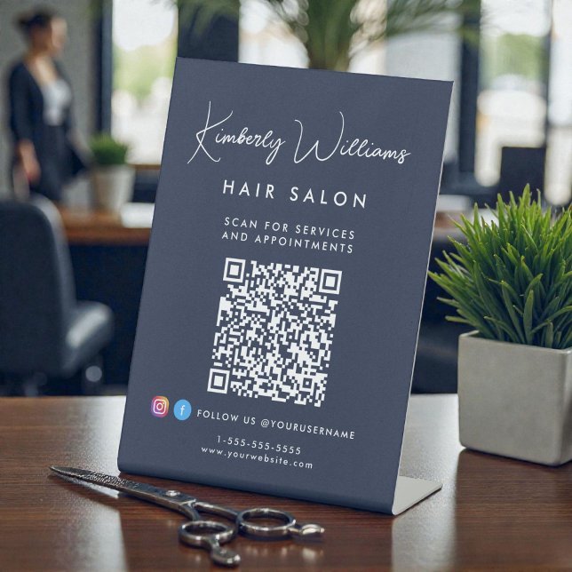 Signe De Table Code QR monogramme de signature professionnelle (Business Signature Script Monogram QR Code Pedestal Sign)