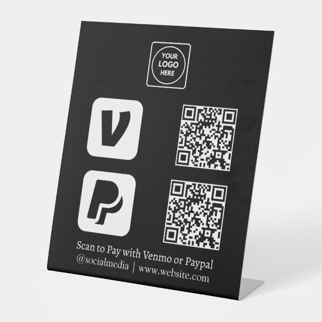 Signe De Table Code QR noir | Logo Venmo & PayPal Scan-to-Pay (Recto)