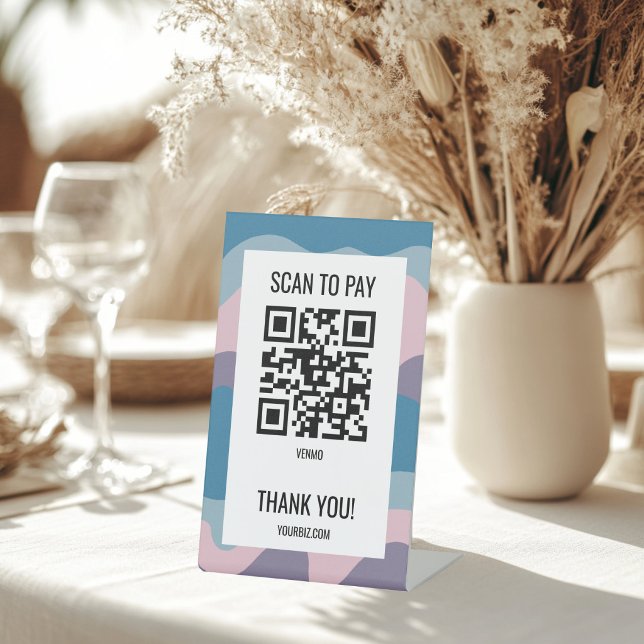 Signe De Table CODE QR PAIEMENT À BALAYER Vagues Rayures Bleu Vio (SCAN TO PAY QR CODE Blue Purple Waves Stripes Pedestal Sign
)