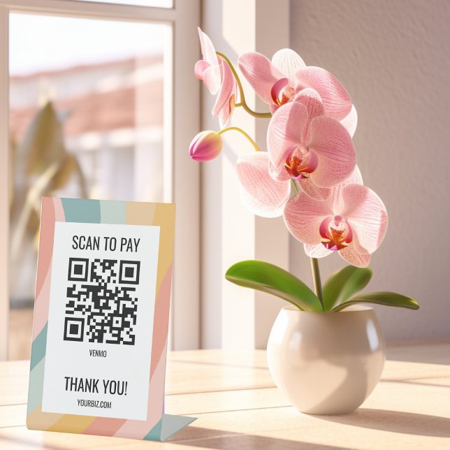 Signe De Table CODE QR PAIEMENT SCAN Banderoles pastel arc-en-cie (SCAN TO PAY QR CODE Pastel Rainbow Stripes Pedestal Sign
)