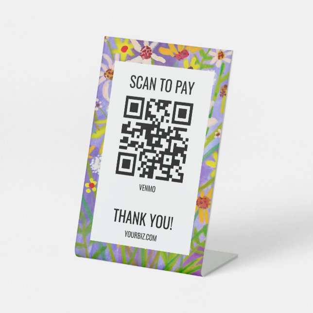 Signe De Table CODE QR PAIEMENT SCANNEZ Fleurs Aquarelle (Recto)