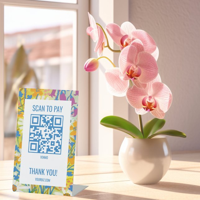 Signe De Table CODE QR PAIEMENT SCANNEZ Fleurs Aquarelle (SCAN TO PAY QR CODE Watercolor Florals Pedestal Sign
)