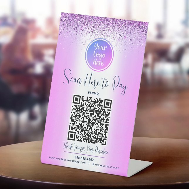 Signe De Table Code QR Pailleté Violet Logo Personnalisé Scannez  (Créateur téléchargé)