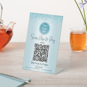 Signe De Table Code QR Parties scintillant Turquoise Logo personn