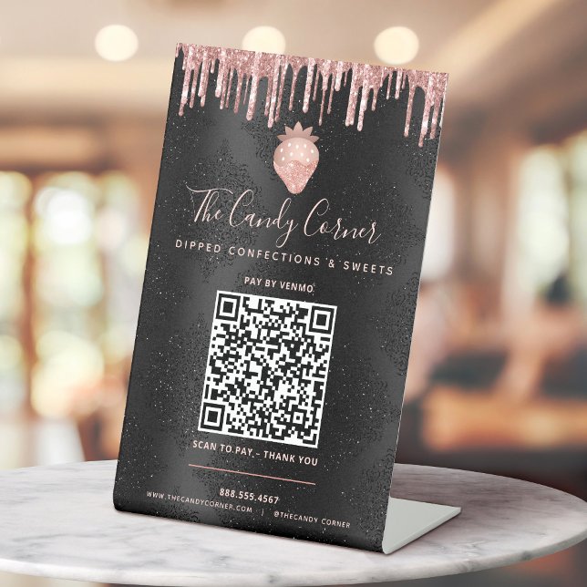 Signe De Table Code QR Payer ici Paillettes Rose Fraise Noir (Créateur téléchargé)