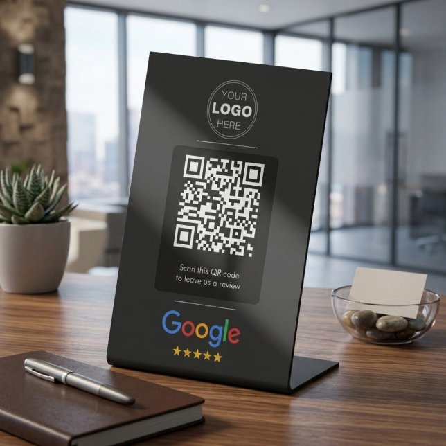 Signe De Table Code QR personnalisé de révision de l'entreprise n (Custom Black QR Code Review Pedestal Sign | Business Logo Display | Modern Reception Desk Signage)