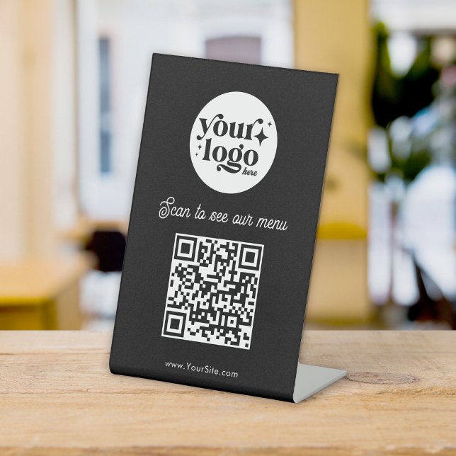Signe De Table Code QR personnalisé Menu noir Logo de votre resta (Créateur téléchargé)