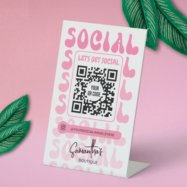 Signe De Table Code QR Réseaux Sociaux Logo Moderne Rose Rétro (Créateur téléchargé)