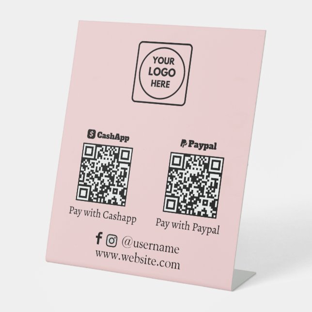 Signe De Table Code QR rose | Cash App PayPal Scannez pour payer  (Recto)