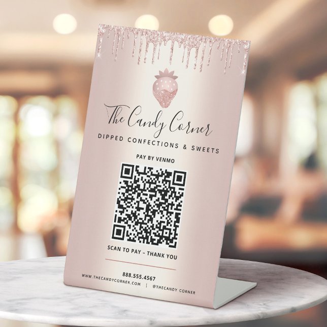 Signe De Table Code QR Rose Gold Payez ici Dégoulinade de paillet (Créateur téléchargé)