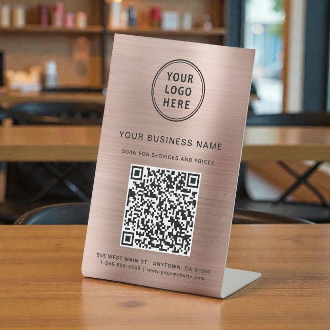 Signe De Table Code QR Rose Gold "Scan Me" Logo d'entreprise (Business Logo Scan Me Rose Gold QR Code Pedestal Sign)