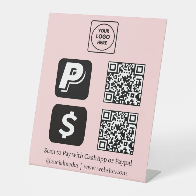 Signe De Table Code QR rose | Logo de numérisation CashApp et Pay (Recto)