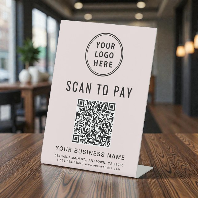 Signe De Table Code QR Rose Paiement par Scan du Logo de l'Entrep (Business Logo Scan to Pay Pink QR Code Pedestal Sign)
