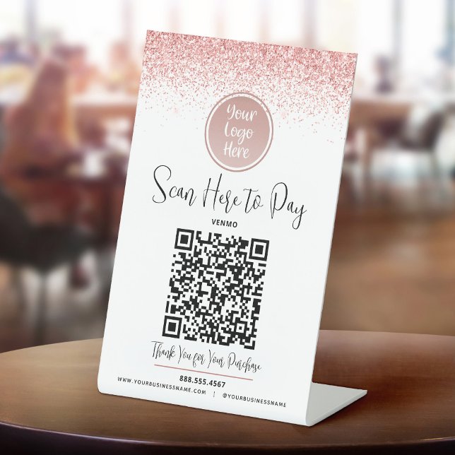 Signe De Table Code QR Rose Pailleté Logo Personnalisé Payer Ici  (Créateur téléchargé)