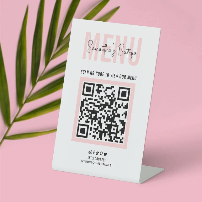 Signe De Table Code QR sans contact Menu Blush Pink Modern Logo (Make elegant Menu pedestal signs for your business with this modern table top sign design)